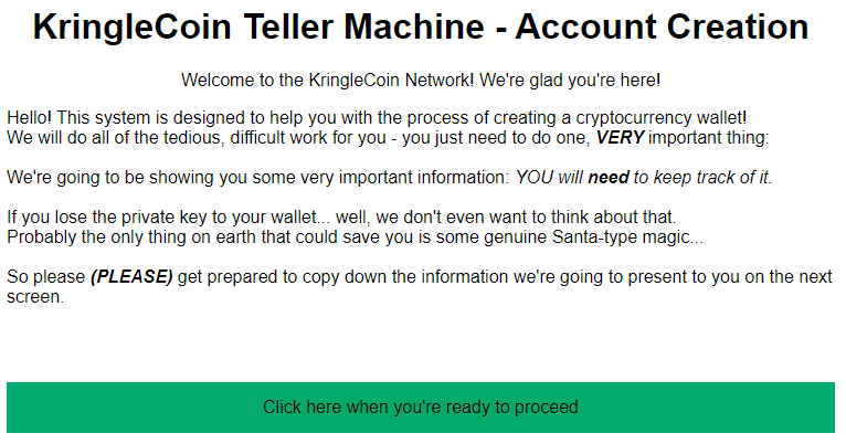 Kringlecon Teller Machine - Account Creation page. Shows our wallet address and key which we copy it away.