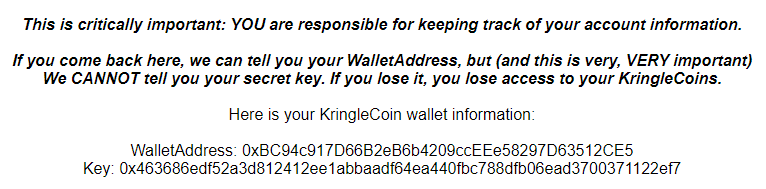 Kringlecon Teller Machine - Account Creation page. Shows our wallet address and key which we copy it away