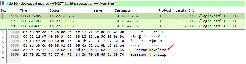 Wireshark with below filter on the PCAP file :
http && http.request.method=="POST" && http.request.uri=="/login.html"