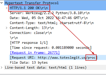 Examining the HTTP content of the selected traffic we see the request was successful for /proc