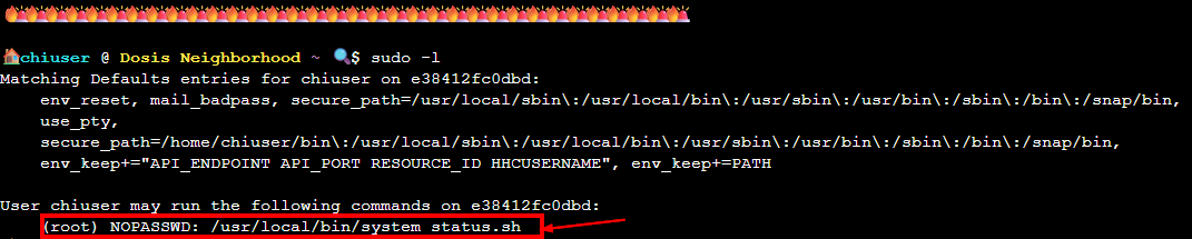 sudo -l switch shows the user has permission to run /usr/local/lib/system_status.sh