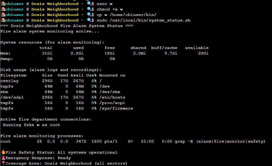 running the /usr/local/bin/system_status.sh which runs our fake binary w