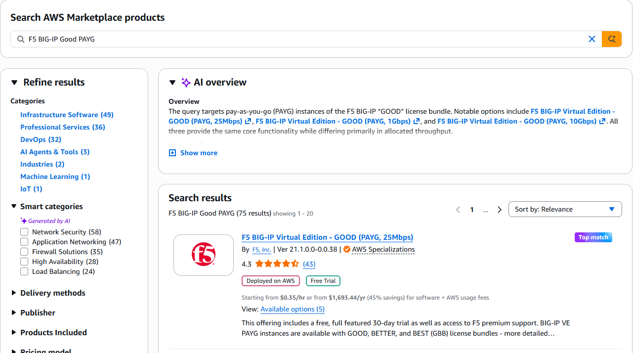 AWS Marketplace search results showing F5 BIG-IP Virtual Edition GOOD PAYG 25Mbps as top match