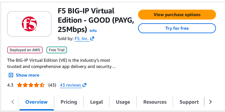 F5 BIG-IP GOOD PAYG 25Mbps product page with View purchase options button