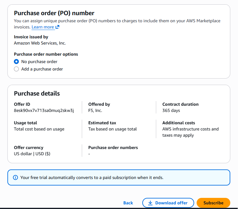Marketplace subscribe page showing purchase details and Subscribe button