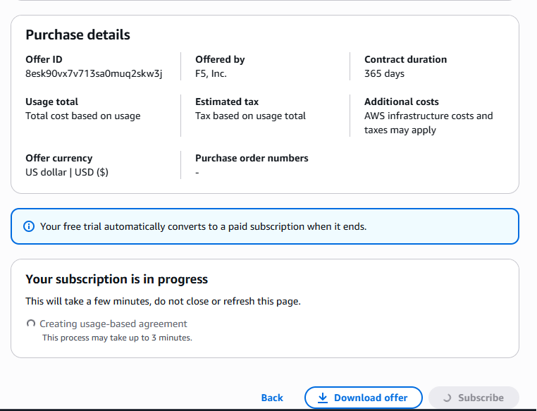 Subscription in progress message