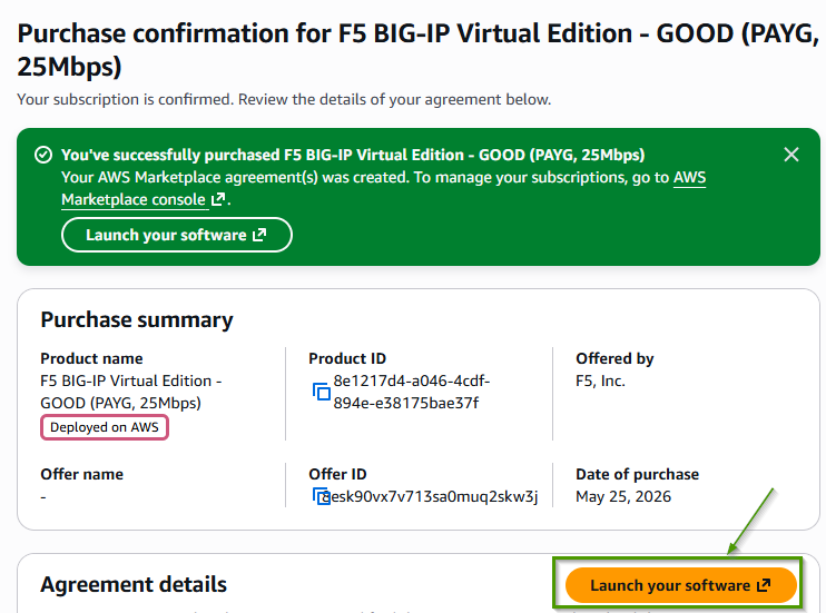 Purchase confirmation page with Launch your software button highlighted