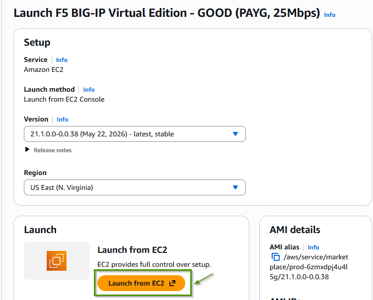 Marketplace launch page showing version dropdown set to 21.x and Launch from EC2 button