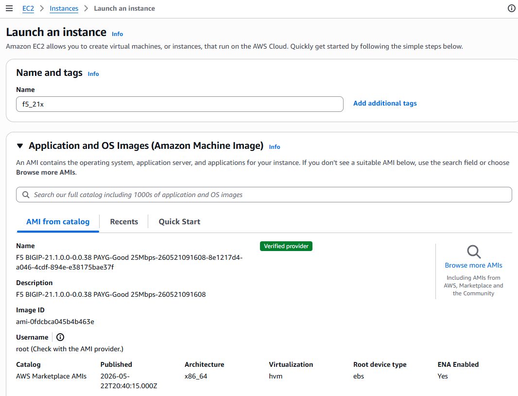 EC2 Launch an instance page with F5 BIGIP AMI pre-selected and instance named f5_21x
