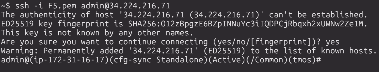 First SSH login to F5 BIG-IP showing fingerprint confirmation and tmsh prompt