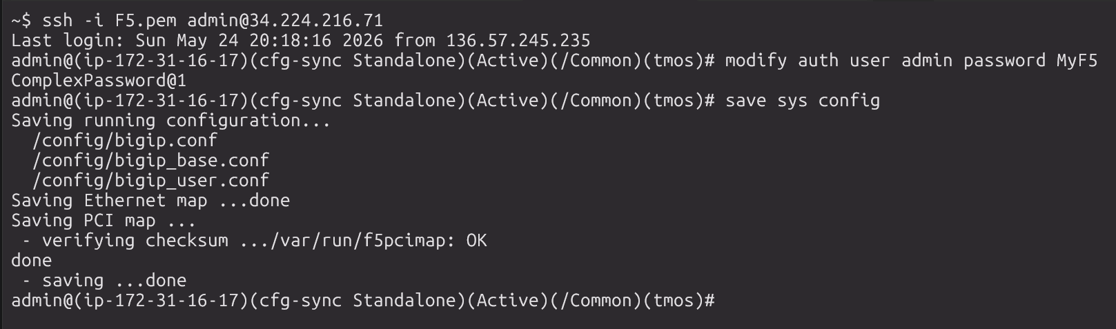 tmsh modify auth user admin password and save sys config output