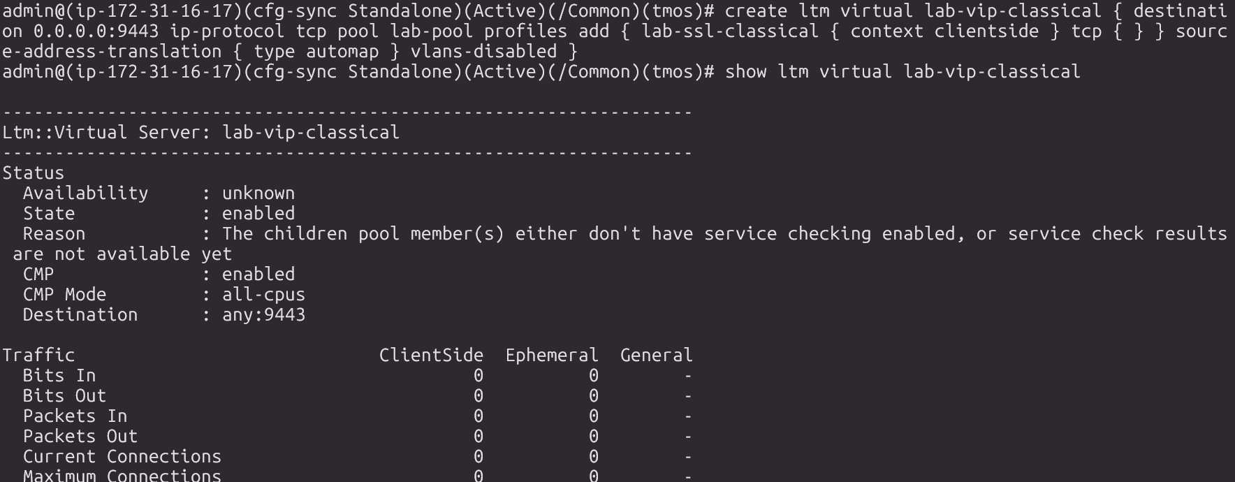 show ltm virtual lab-vip-classical output showing State enabled and Destination any:9443