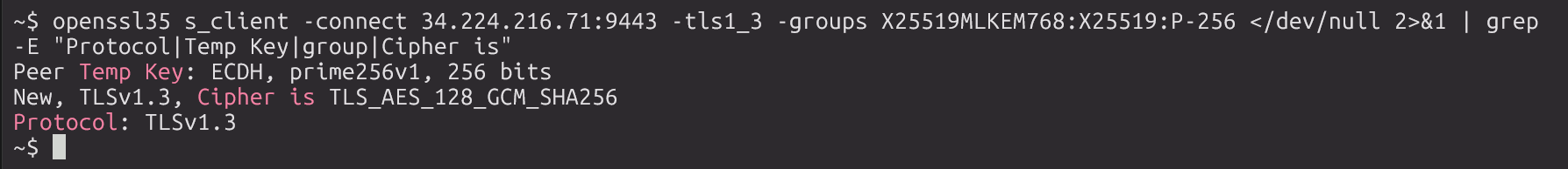 openssl35 s_client test against port 9443 showing Peer Temp Key ECDH prime256v1 and TLSv1.3