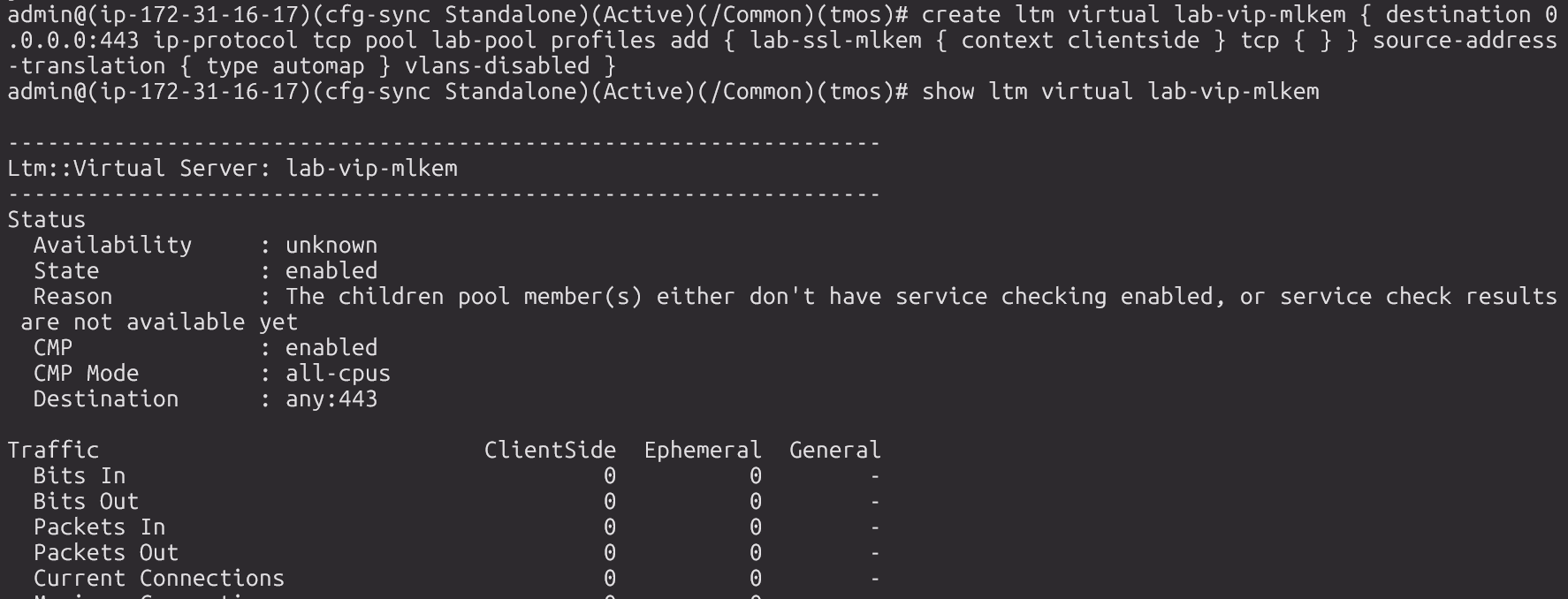 create ltm virtual lab-vip-mlkem and show output confirming State enabled and Destination any:443