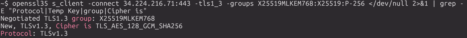 openssl35 s_client test against port 443 showing Negotiated TLS1.3 group X25519MLKEM768 and TLSv1.3