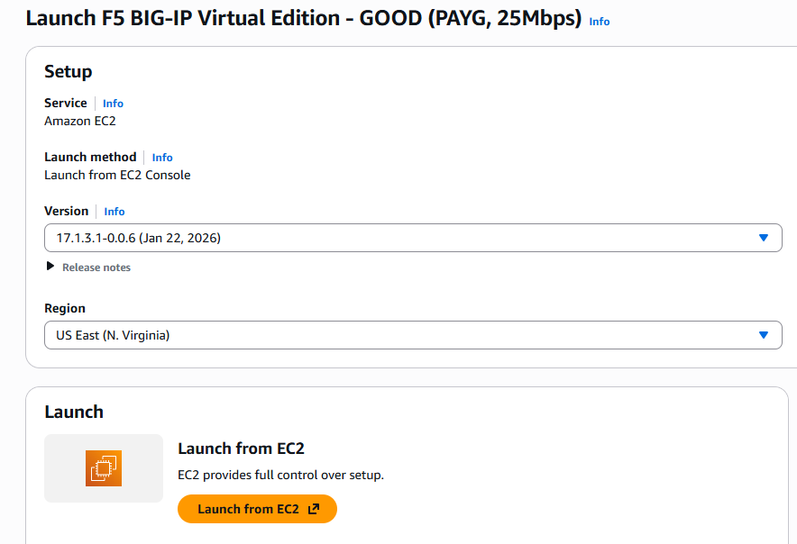 AWS Marketplace launch page with version dropdown set to 17.1.3.1-0.0.6