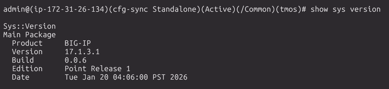show sys version output confirming BIG-IP 17.1.3.1 build 0.0.6